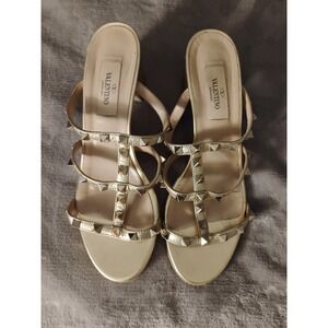Valentino Gold Rockstud Gladiator Slides Sandals Block Heel 37